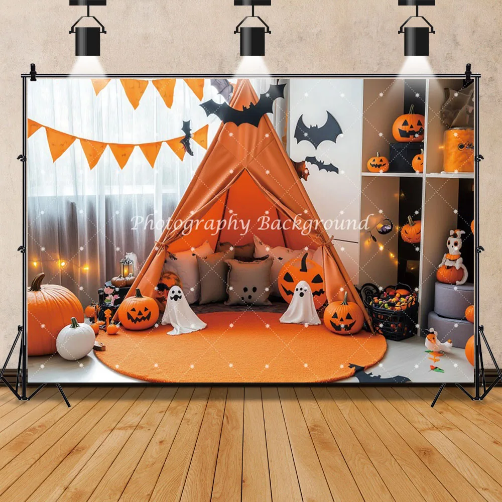 Halloween Backgrounds For Photographs Ghost Pumpkin Lantern Bat Tent Window Indoor Birthday Decoration Backdrop Photocall