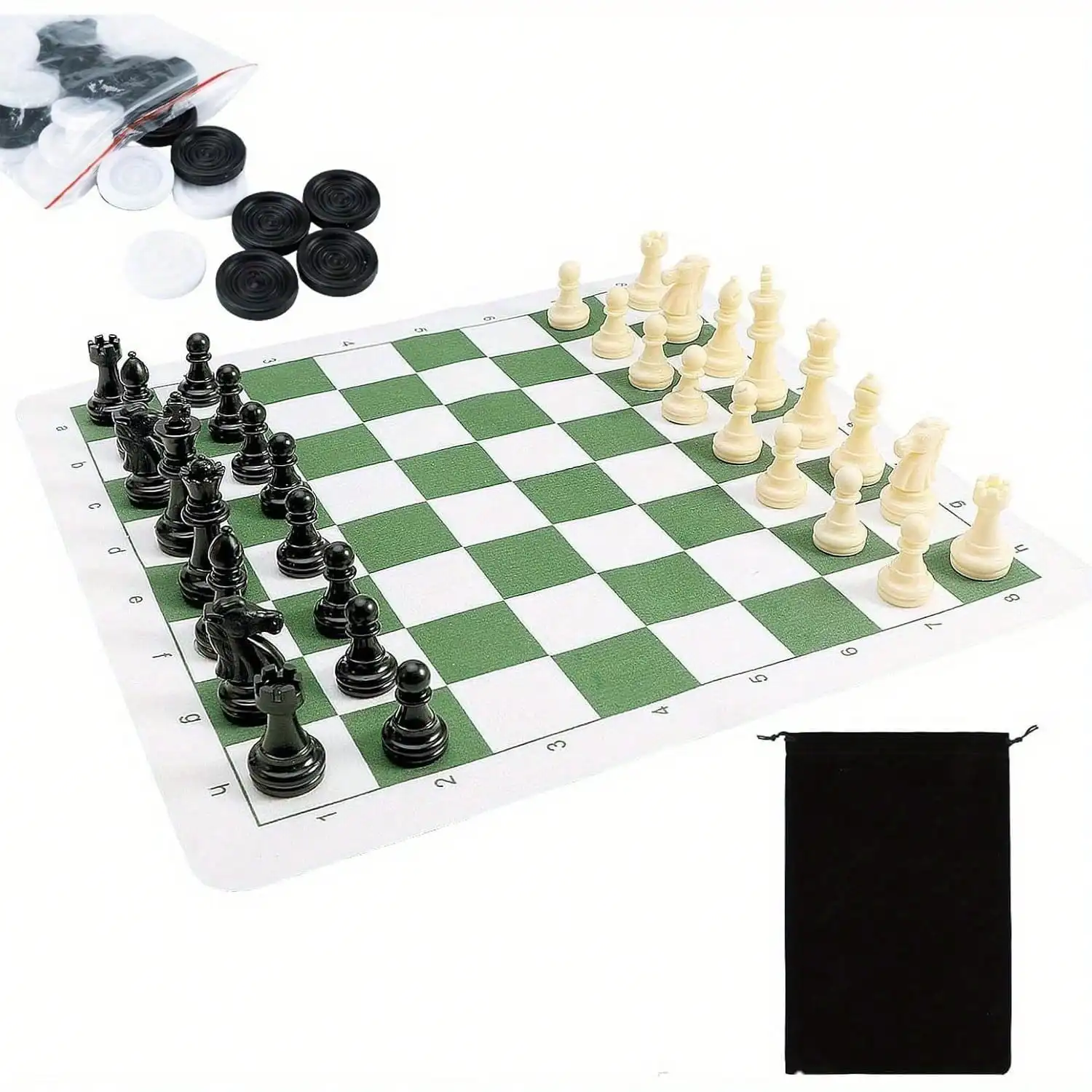 Juego de Ajedrez y Damas 2 en 1, Juegos de Mesa de Viaje, Tablero Enrollable de 42 cm y Piezas con Bolsa de Viaje, Juego de Ajedrez Plegable