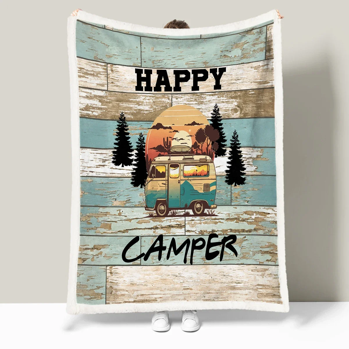 

3d printed blanket Wood Grain Happy Camping Bus Pattern Printed quilt Super Soft Cozy Fuzzy Plush Blanket for Sofa Bed kid cover