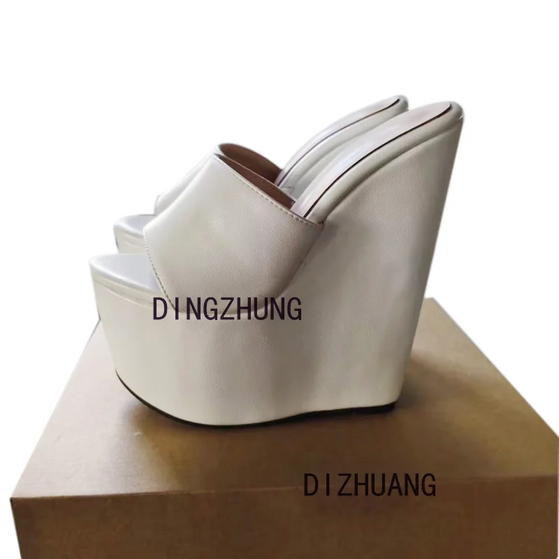 DIZHUANG shoes Sexy women's high-heeled slippers. About 15cm heel height. Wedges slippers. White slippers. Summer women's shoes.