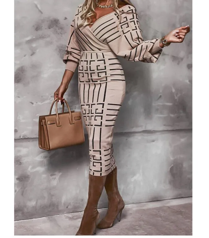 فستان نسائي بأكمام طويلة برقبة على شكل حرف V ، حقيبة خصر ، ورك ، طبعة قمر ، موضة جديدة ، متجر ، أو