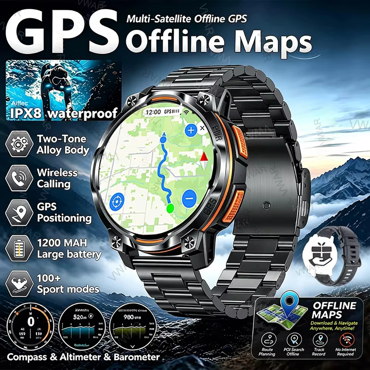 VWAR Military Smart Watch Built-in GPS Offline Map Bluetoot Call Compass Flashlight 5ATM Waterproof 1200mAh Man Sport Smartwatch