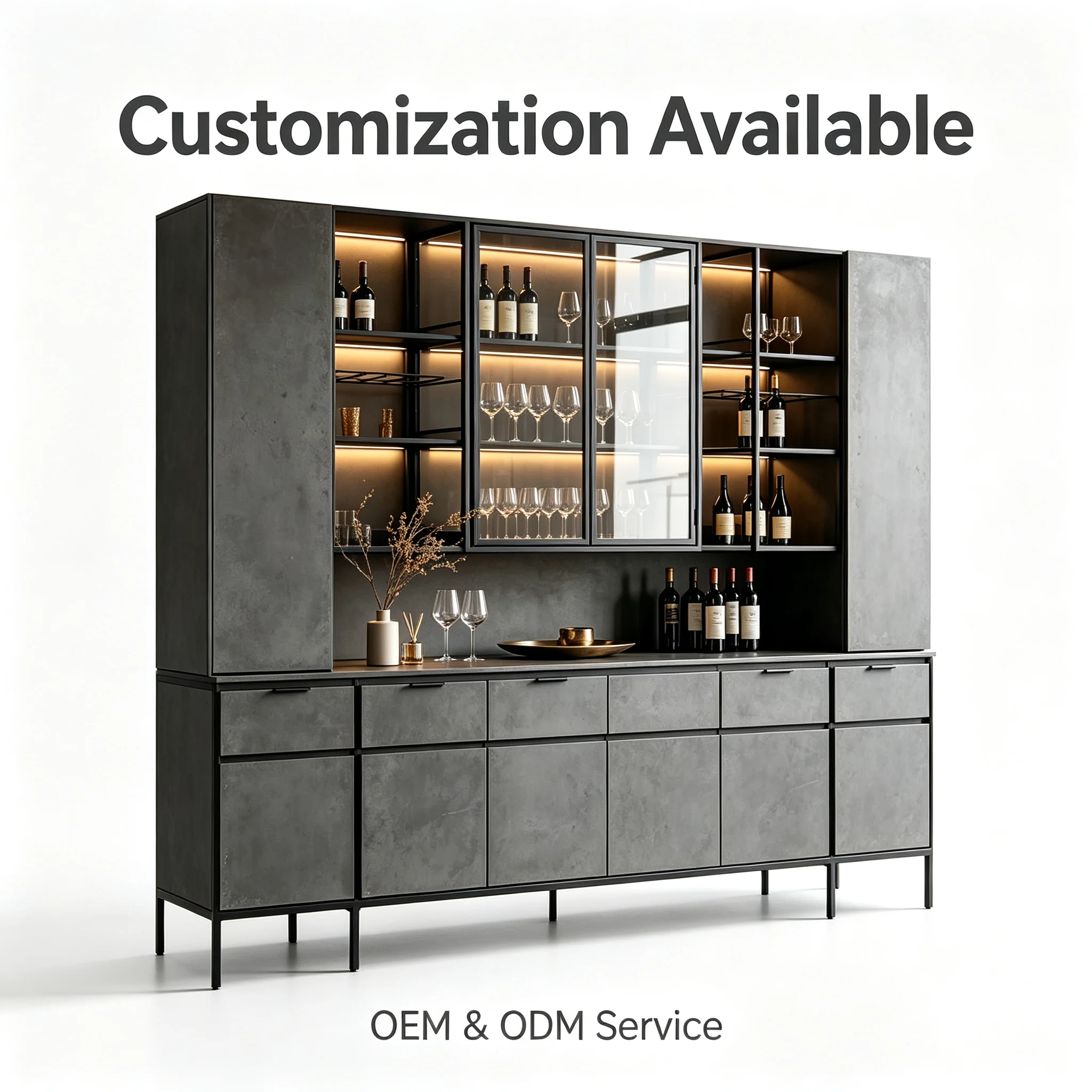 Custom Modern Eco-Friendly Wine Cabinet Glass Doors LED Light Bar Sideboard With Drawers Dark Grey OEM ODM Supported