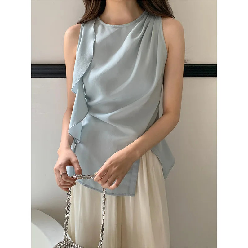 Asymmetrical ruched ruffles tank tops vest split female 2026 summer women sleeveless o neck top vintage t shirt elegant t shirt