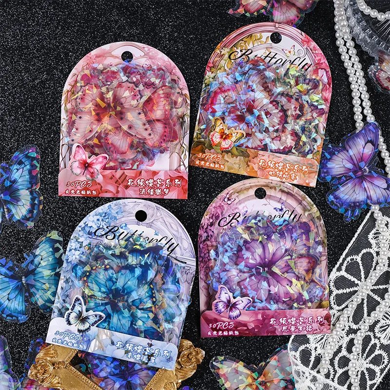 4Style 30pcs/pack INS Butterfly PET Sticker Pack Ice Crystal Laser Gold DIY Handbook Decoration 3D Scrapbook