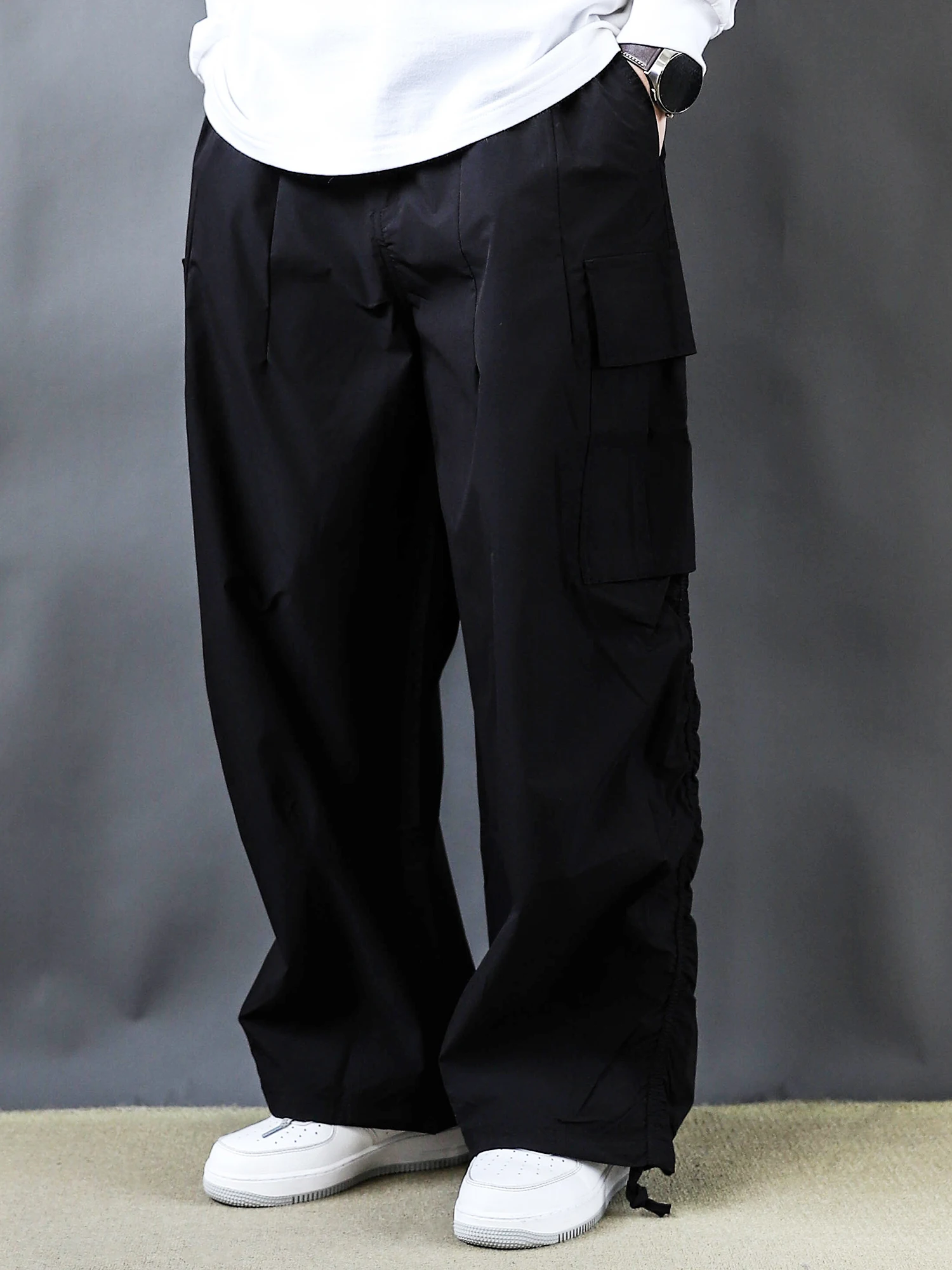 

Мужские летние повседневные брюки American High Street с тонким шнурком на талии, прямые, свободного кроя, молодежные, черные, широкие, длинные