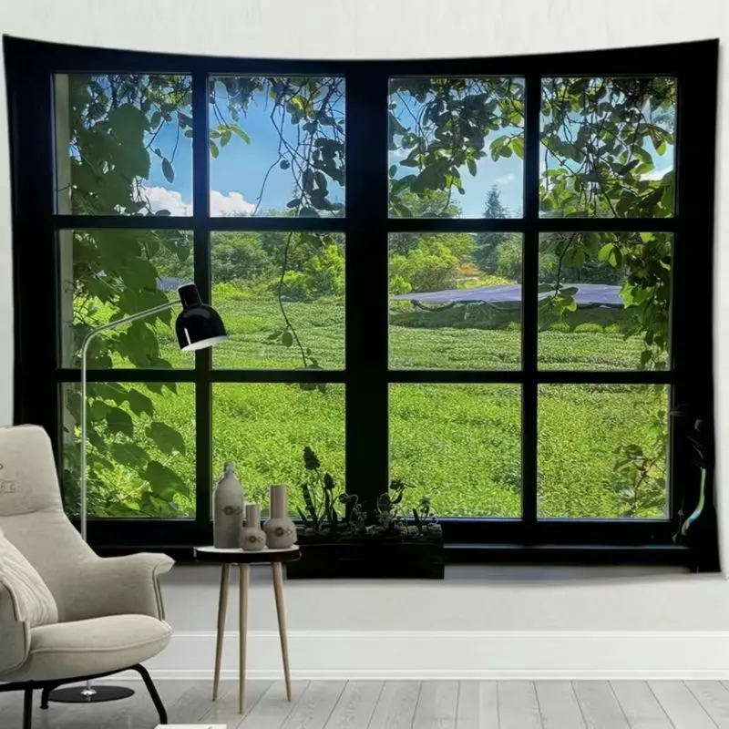 VIKAMA Window Green Field Landscape Tapestry Background Cloth HD Wear resistant Fabric Living Room Decoration