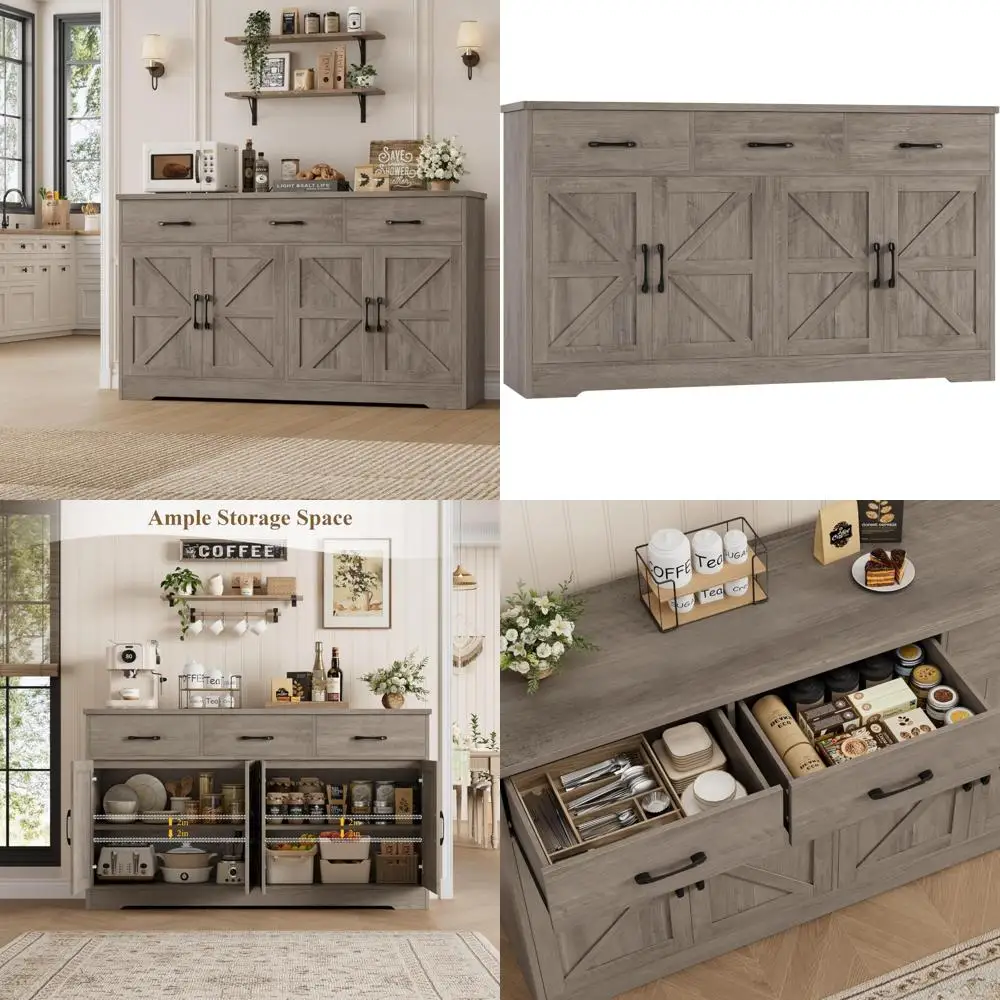 

Large Farmhouse Style Buffet Cabinet with Storage, 3-Drawer Kitchen Sideboard, Wood Coffee Bar