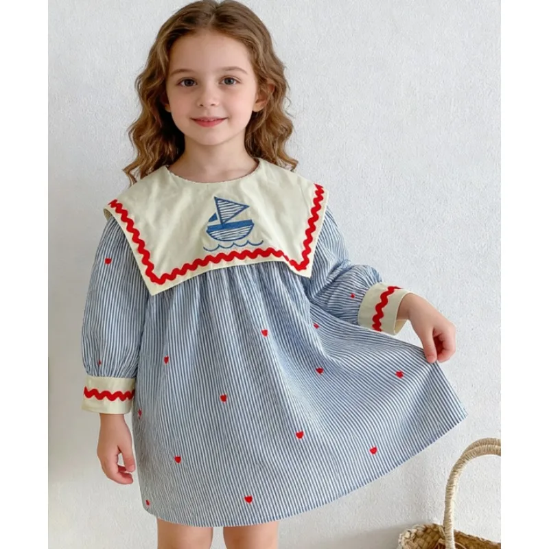 

Girls Dress 2026 Spring Summer Navy Collar Embroidered Striped Long Sleeve Love Princess Dress Casual Fashion Daily Elegance