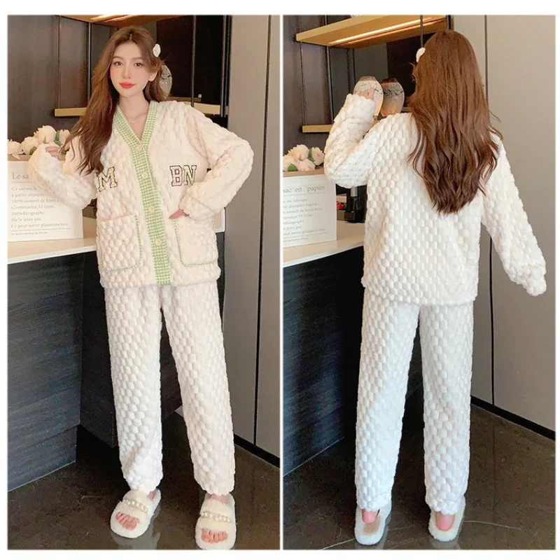 5XL Plus Size Women\'s Flannel Cardigan Home Clothes Plush Solid Loose Coral Velvet Pajama Set Autumn/Winter Pants Two Piece Suit