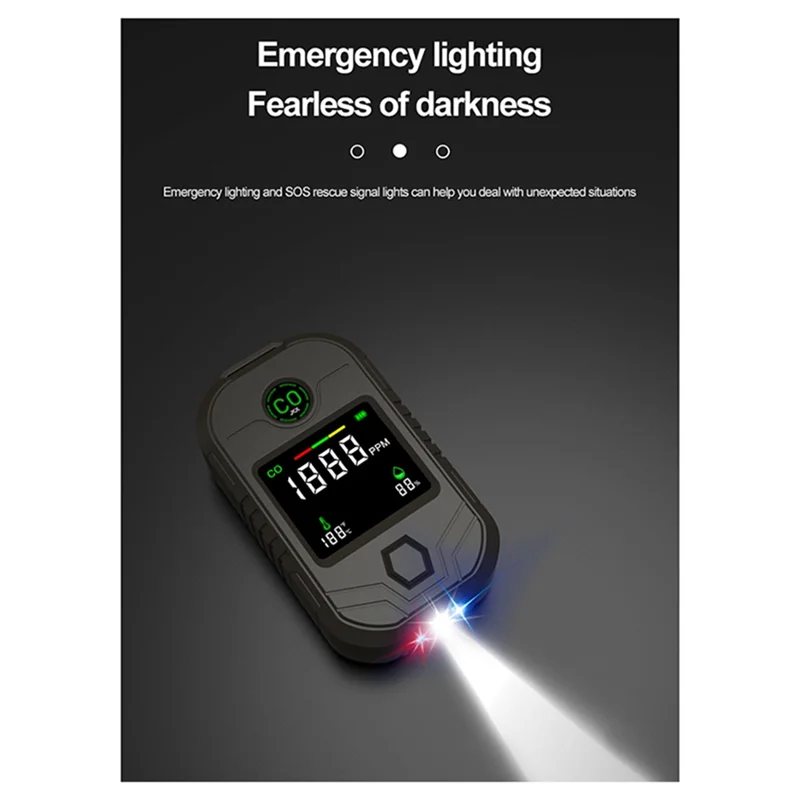 ABJI-Long-Lasting Portable Carbon Monoxide Detector 4 In 1 Temperature& Humidity CO Alarm Outdoor Flashlight Detector