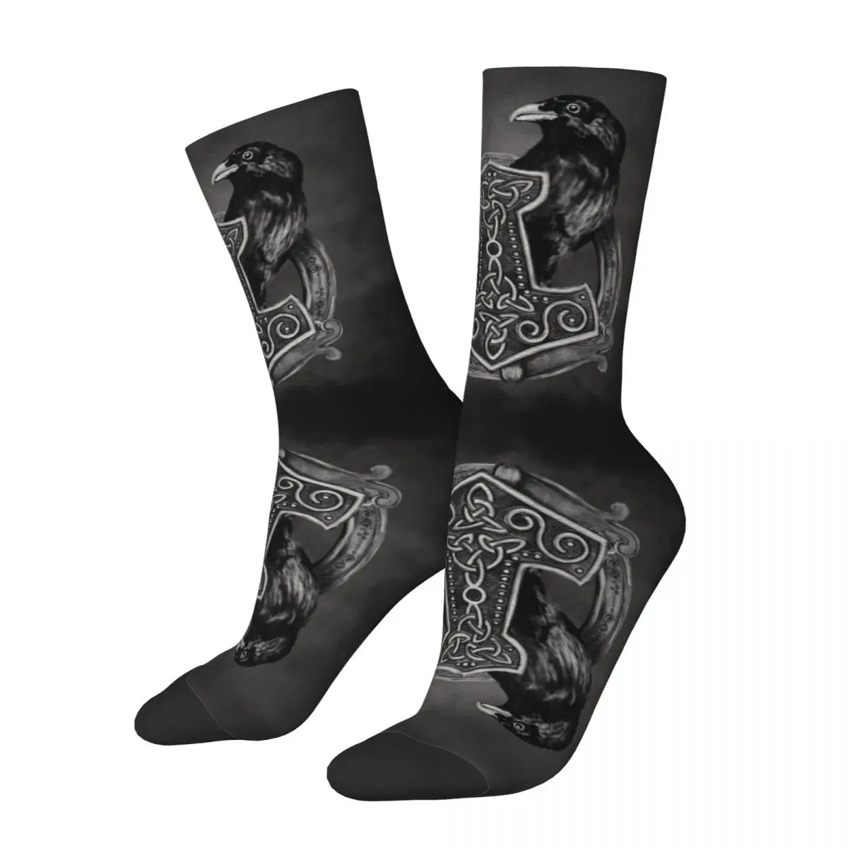 Harajuku Mjolnir Symbol Viking Socks Merch All Seasons Hammer of Thor and Raven Soft Middle Tube Socks Non-slip