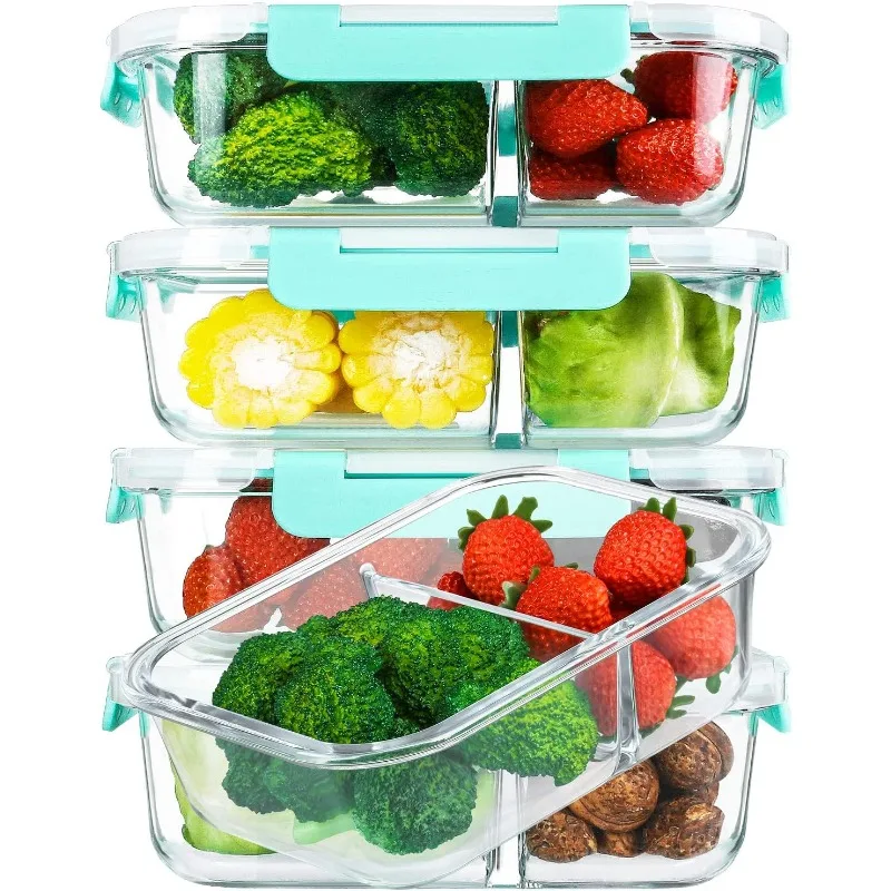 [5-Pack,36 Oz]Glass Meal Prep Containers 2 Compartments Portion Control with Upgraded Snap Locking Lids Glass Food Storage