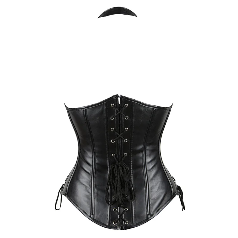 Corsé Steampunk Top gótico de cuero PU debajo del busto con correa halter plateado negro