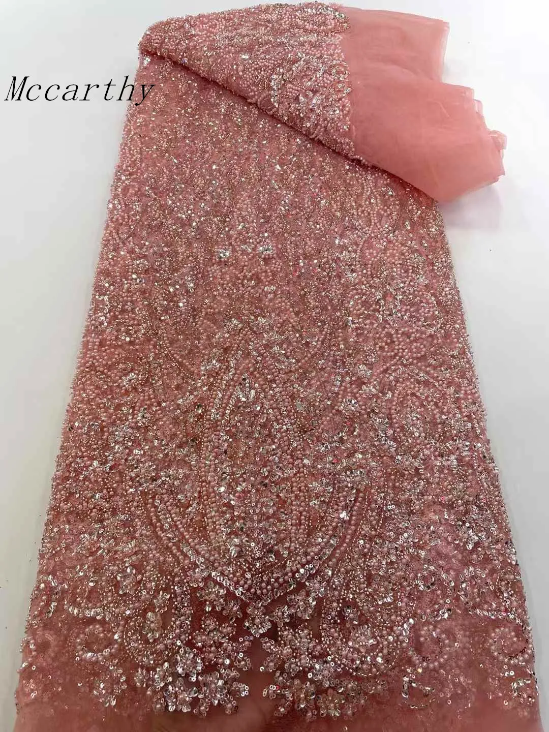 

Luxury African Sequins Beaded Lace Fabric 2025 High Quality Lace 5 Yards Pink French Lace Fabric Nigerian Net Lace Fabrics Party