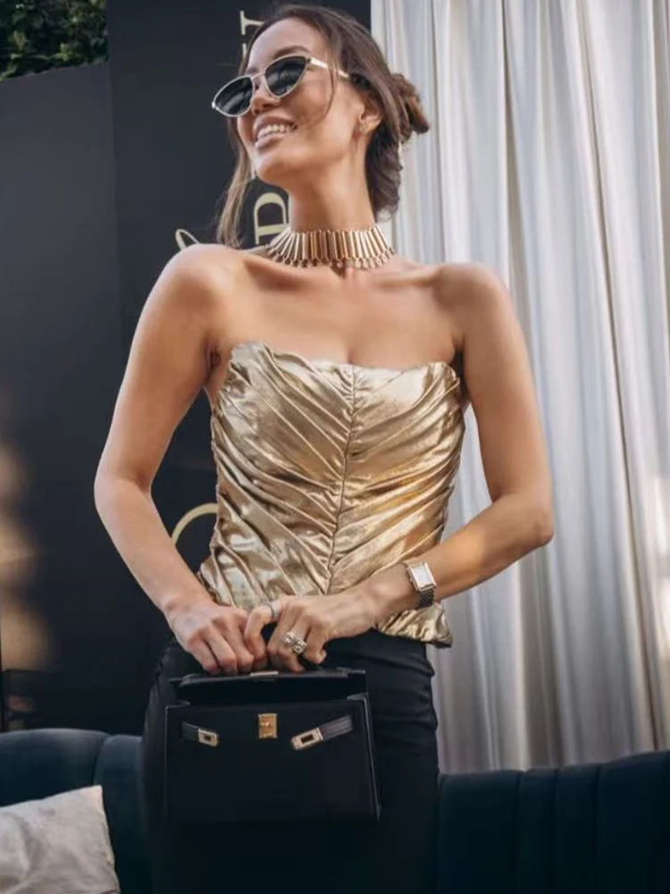 New Women Gold Ruched Tube Top Strapless Pleated Bustier Cropped Corset Chic Tops Summer Fashion Party Elegant Lady Outfits