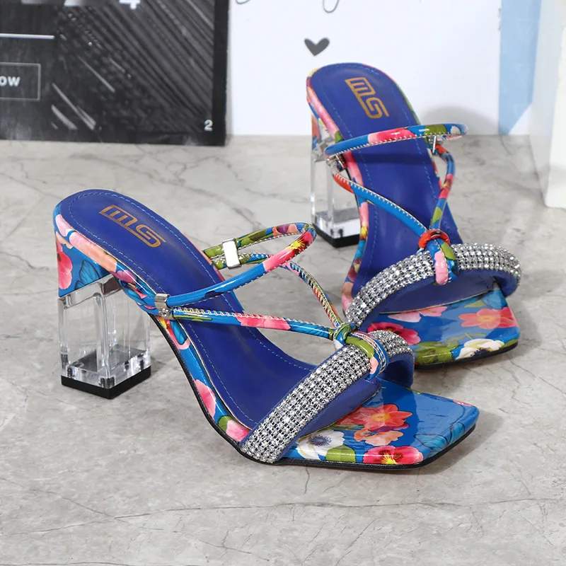 

Fashion Sandals Women 2022 Summer New Crystal Open Toe Mixed Color High Heels Flower Outer Slippers Party Women Sandals 8.5CM