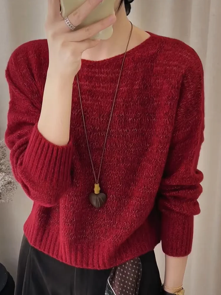 

Корейский мягкий свитер оверсайз с круглым вырезом, осенняя новинка 2025 года, модный универсальный топ, визуально стройнящий, теплый, длинный.