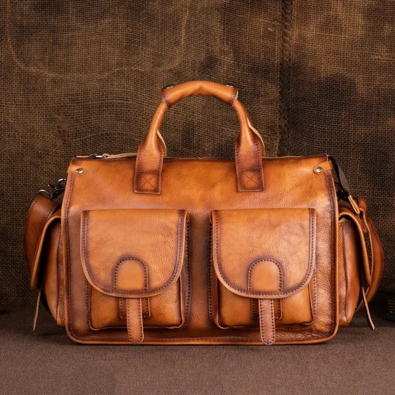 Men Genuine Leather Shoulder Bag Retro Vegetable Tanned Large Capacity Travel Handbag Soft High End Crossbody Messenger Bag