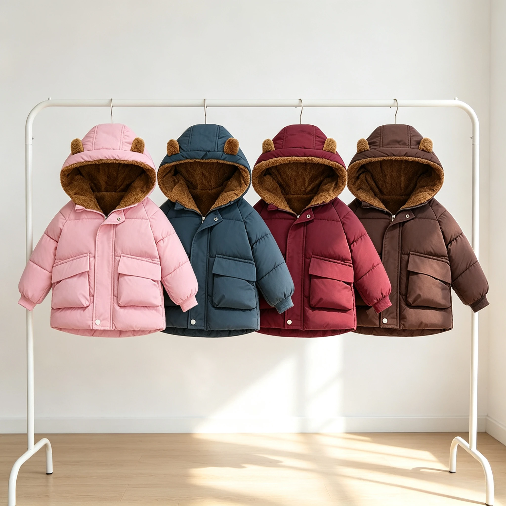 Kids Fleece Lined Hooded Jacket with Bear Ears Winter Puffer Coat Boys Girls Warm Sherpa Outerwear with Snap Button Pockets 2026