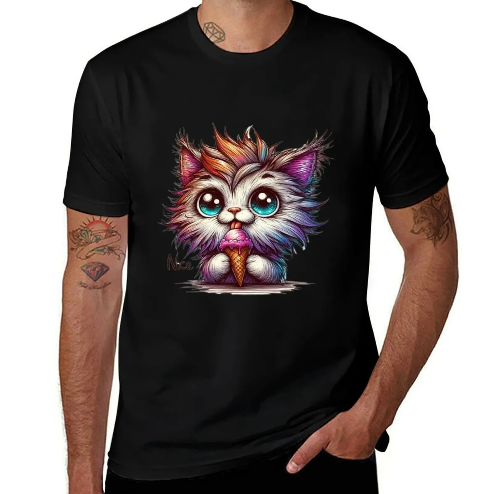 Cute Ice Cream Kitty – Big Eyes Chibi Cat Illustration T-Shirt Moisture Control Sports Tee