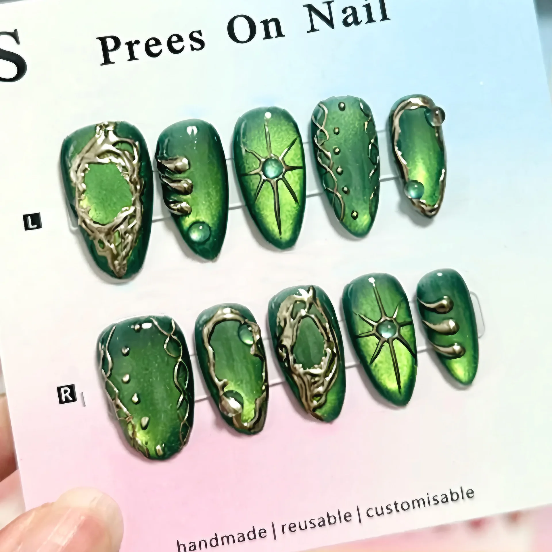 

24PCS Green Shiny Almond Press on Nails Silver Vine Claw Design Water Drop Decor False Nails Gothic Elf Style Manicure for Women
