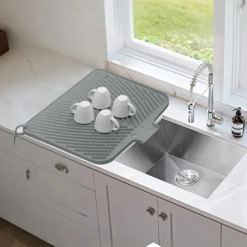Silicone Large Kitchen Sink Drain Pad with Drainage Edge and Hanging Rope Countertop Anti Scalding Drain Pad