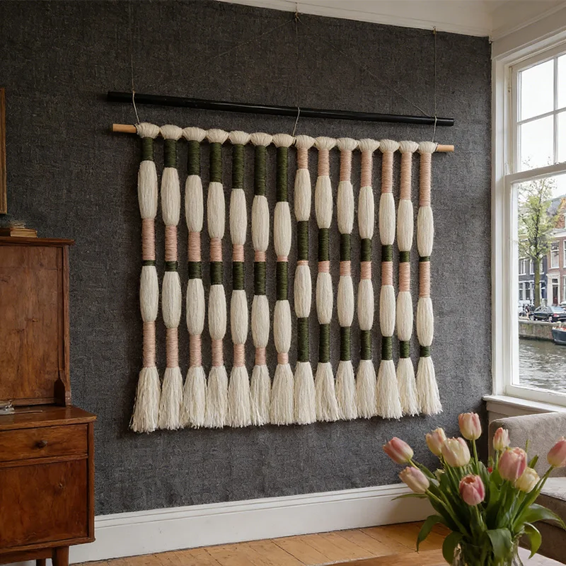 Minimalist Decor Olive Pink Striped Macrame Wall Hanging For Scandinavian Home Spaces