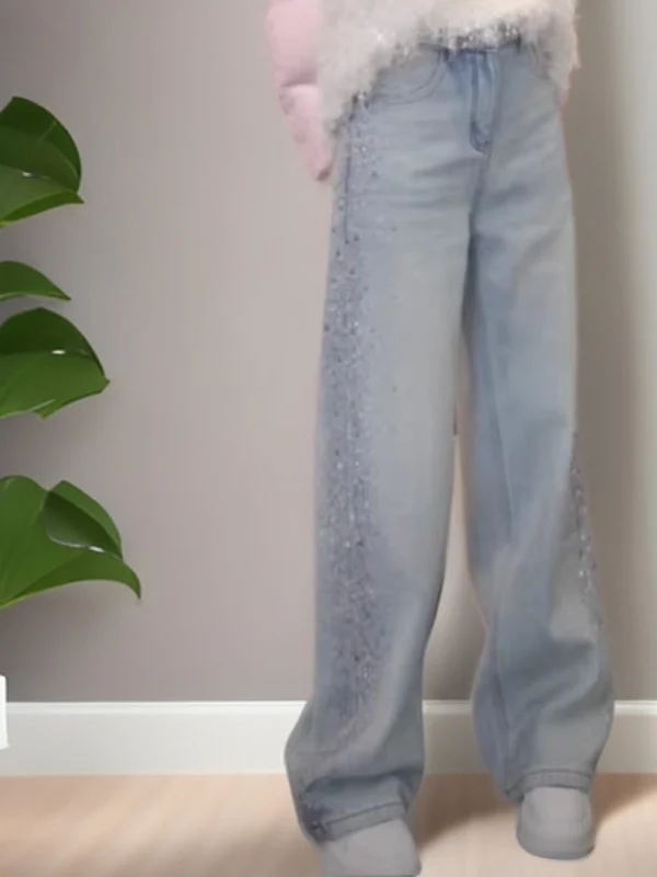 

Spring High Waist Glitter Denim Wide Leg Pants Versatile Slimming Long Trousers for Women Casual Sle Multi ket Waed Fa...