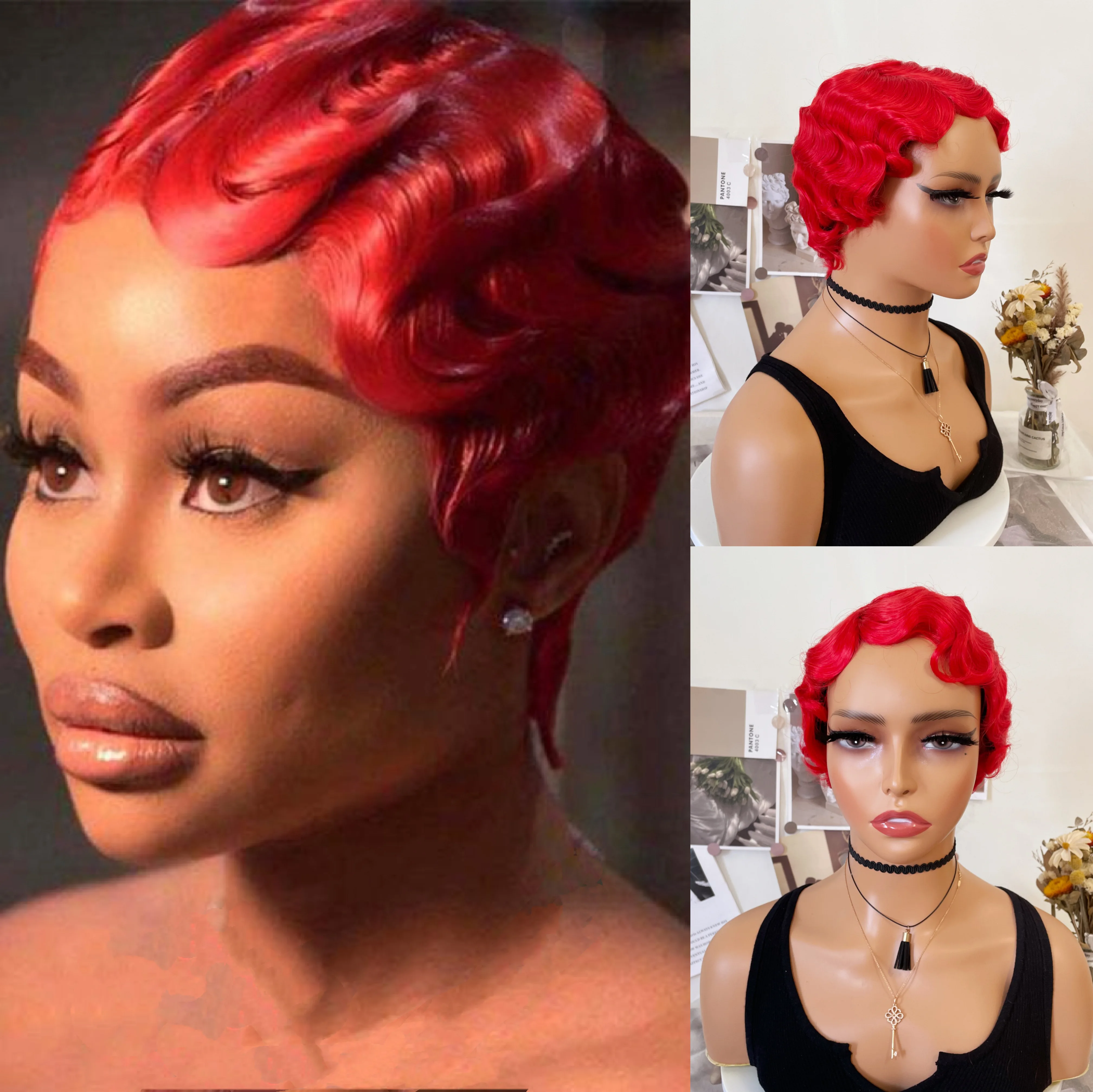 

WIGERA Bright Red Green Pink Short Kinky Curly Finger Wave Wig Synthetic Wigs Nuna 1920s Cosplay For Women Daily False Hair