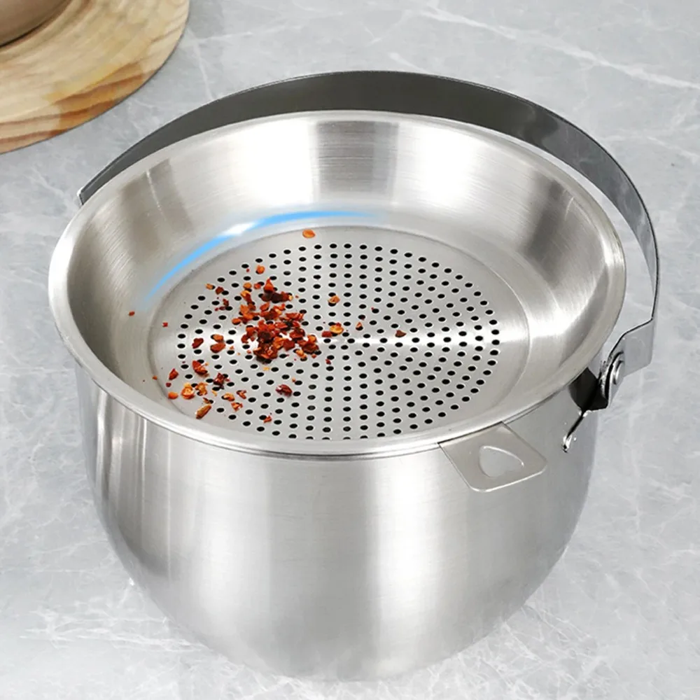 316 Stainless Steel Lard Filter Pot Folding Handle Large Capacity Oil Strainer Tank with Filter Mesh Drop-proof Grease Container
