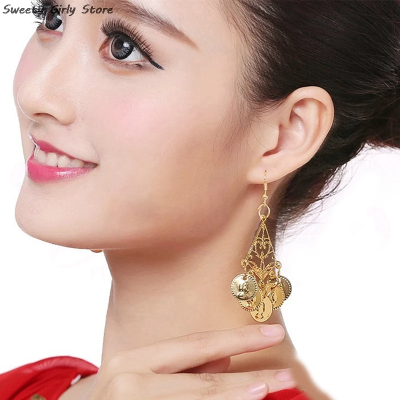 Indian Dance Performance Earrings Golden Coins Fashion Earrings Delicate Design Dangle Earring Women Elegant Wedding Jewelry