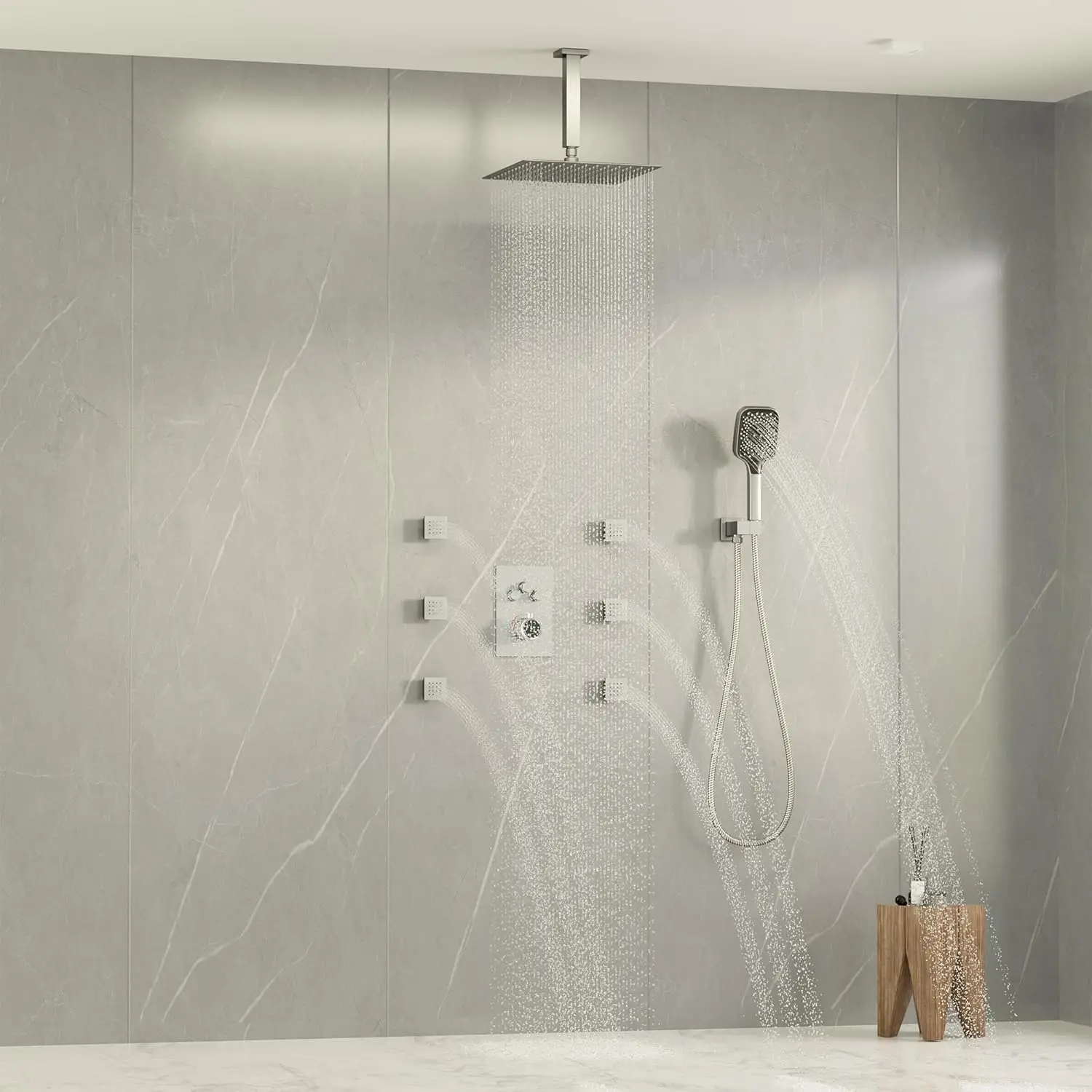 Casainc Thermostatic Shower System With 6 Body Jets (Use All Functions At A Time), Ceiling Mounted 12 Inch Rain Shower With