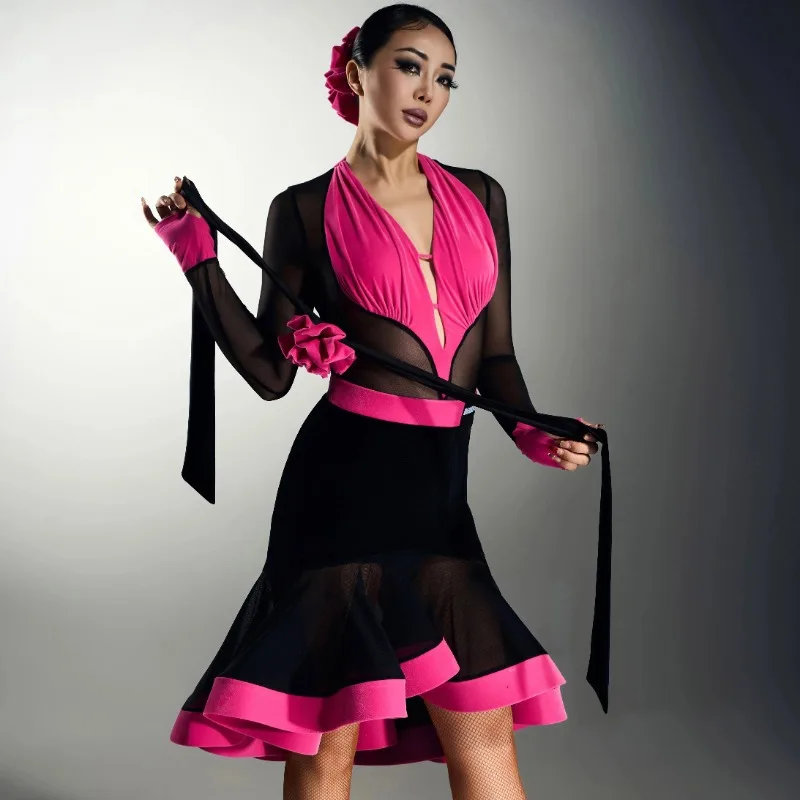 Customized Latin Dance Dress Color Match Splicing Set evening dresses for women ballroom dance competition dresses платьебахрома