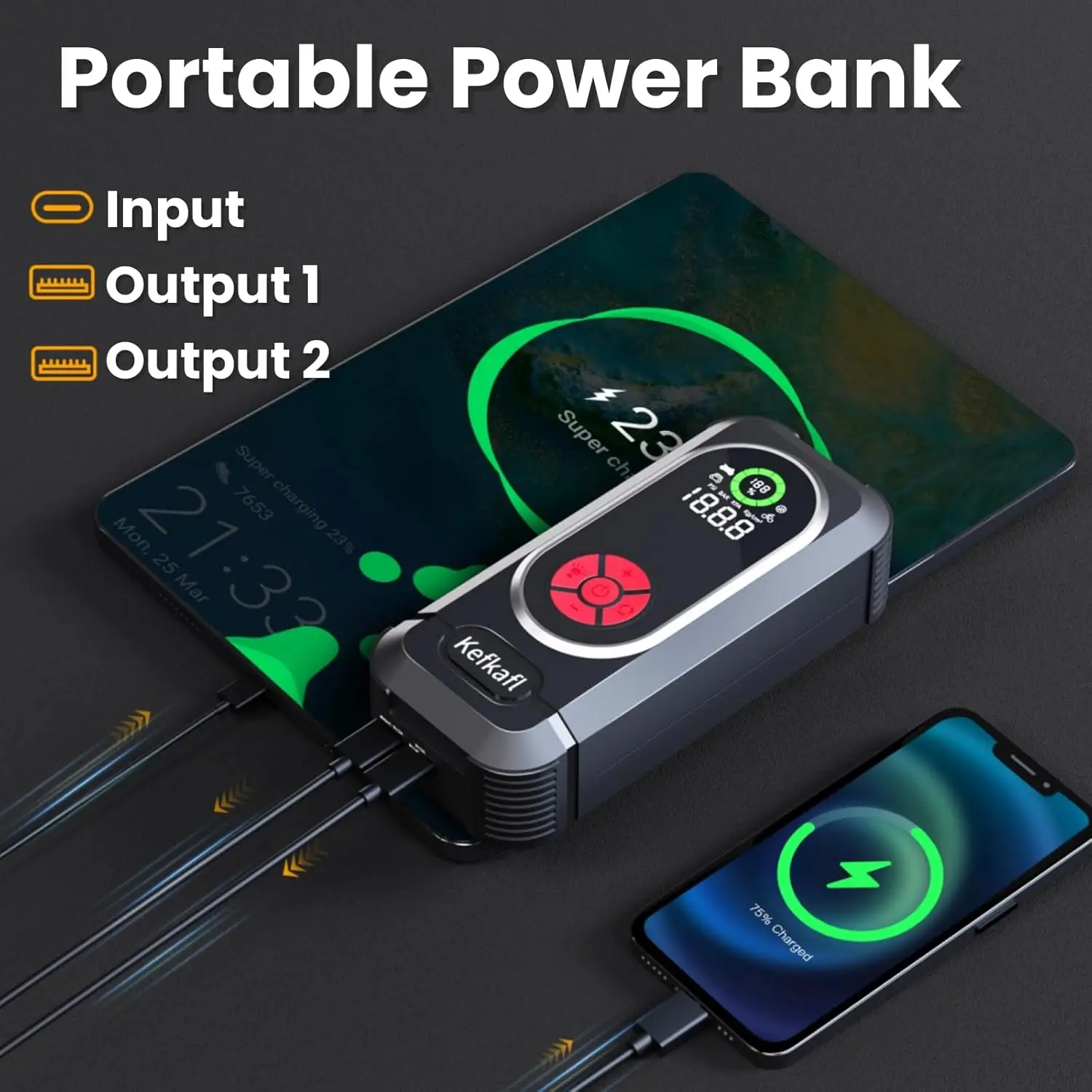 كاتب قفز للسيارة 4000 أمبير مع ضاغط هواء، منفاخ إطارات 150 رطل لكل بوصة مربعة، شاشة LED وإضاءة، بنك طاقة محمول