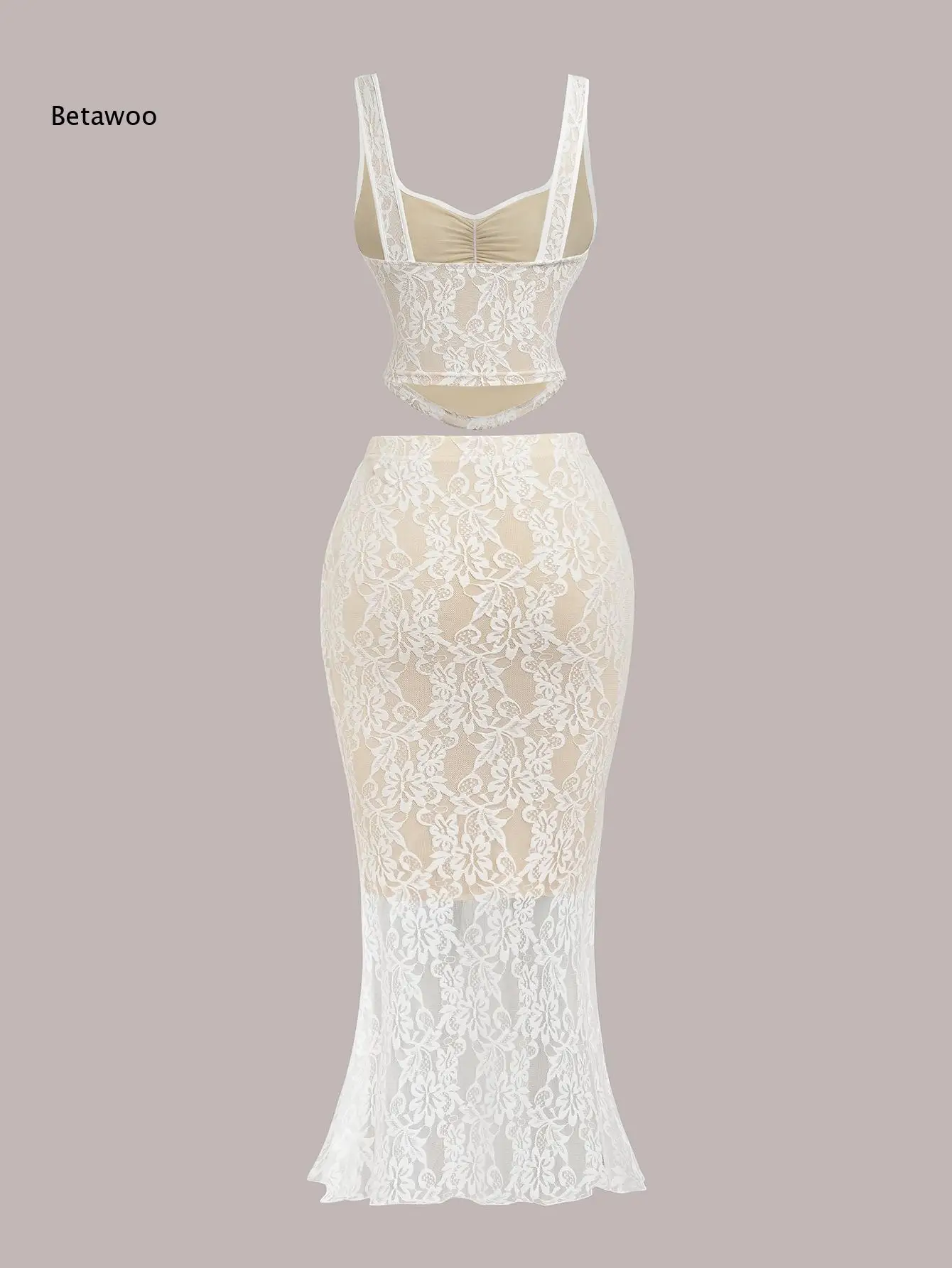 Floral Lace 2 Piece Outfit Cami Crop Top and Mermaid Midi Skirt