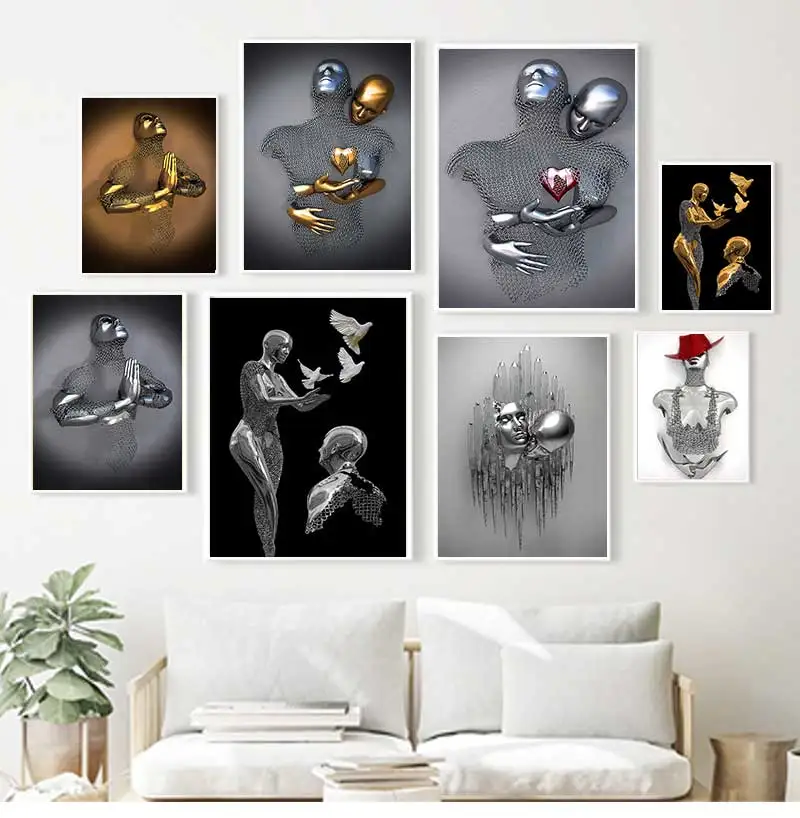 Metal Figure Statue Romantic Wall Art Abstract Canvas Painting Lovers Sculpture Posters Prints Pictures Living Room Home Decor