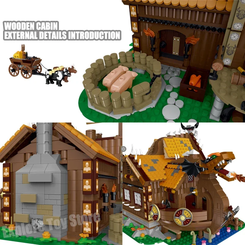 Bloques de construcción de Casa de granja para niños, juguete de ladrillos para armar casa vikinga de la Edad Media, LED, ideal para regalo, novedad de 2024