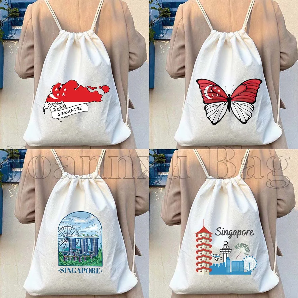 

Singapore Flag Map Skyline Souvenir Gifts Canvas Drawstring Bags Soccer Backpack Gym Sackpack String Bag for Hiking Sports Yoga