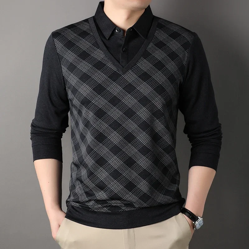 BROWON Business Casual Men T Shirts Autumn Turn-Down Plaid Long Sleeve T-shirt Male Spring and Autumn Fake Two Piece Tee Tops