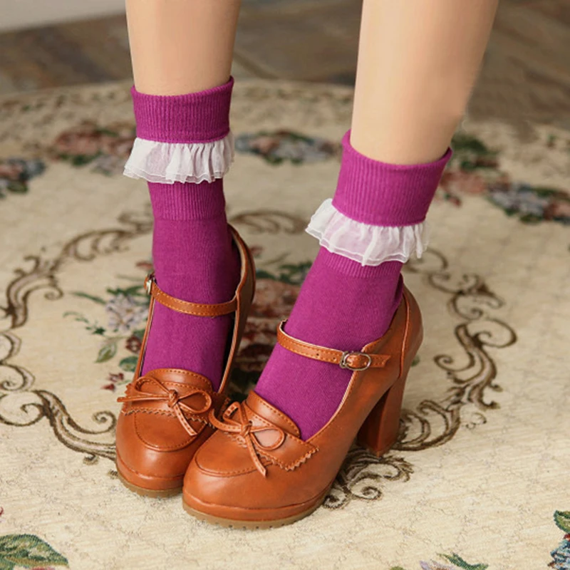 Women Girls Lolita Retro Calf Socks Fancy Lace Ruffle Frilly Princess Cotton Long Socks Women Hosiery