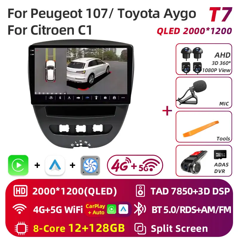 Android 16 2 Din Auto Multimedia Speler Voor Peugeot 107 Toyota Aygo Citroen C1 2005-2014 Head Unit Stereo GPS navigatie BT WIFI
