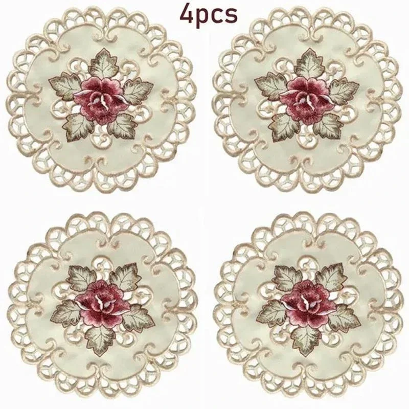 4pcs Round Embroidered Flower Dining Table Placemat Coasters Home Party Wedding Cover