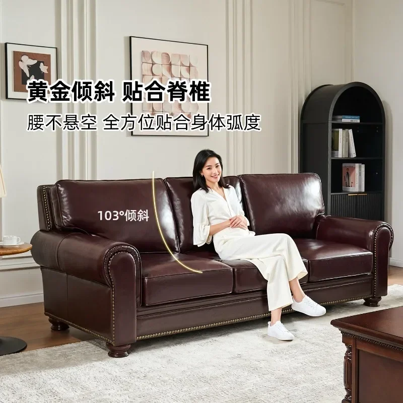 Genuine leather retro sofa brown first layer cowhide high backrest sofa villa high-end living room furniture