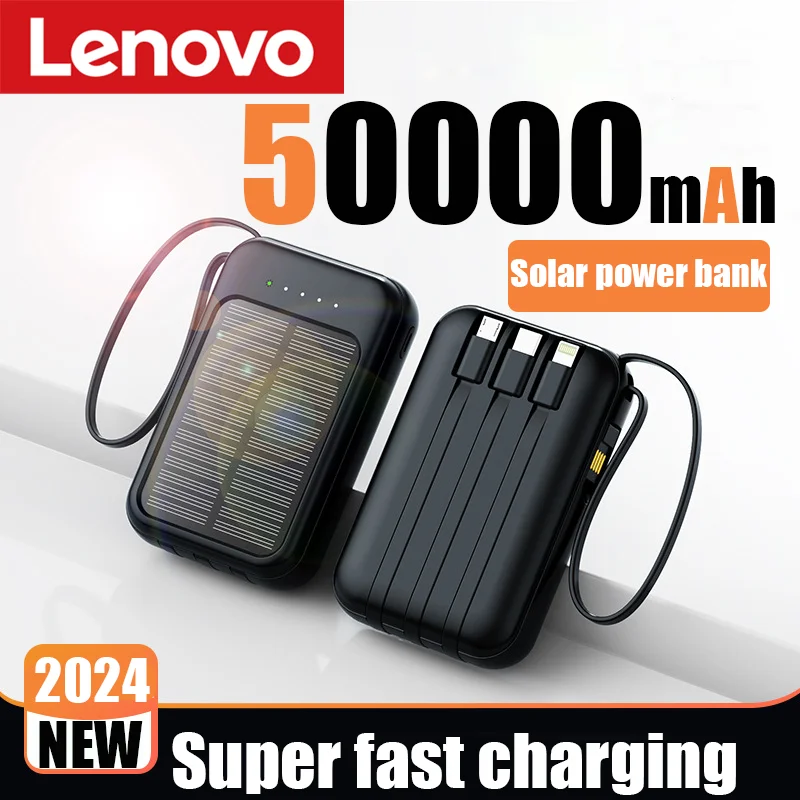 Lenovo 50000mAh Solar Power Bank Built Cables Fast Charger 2 USB Ports External Charger Powerbank with LED Light