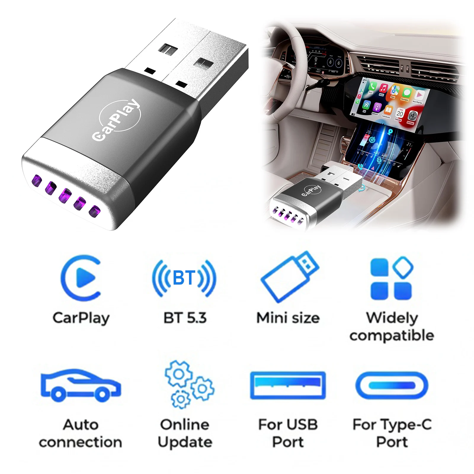 

Адаптер 2-в-1 для беспроводного CarPlay и Android Auto: USB-адаптер для автомобилей с проводным CarPlay