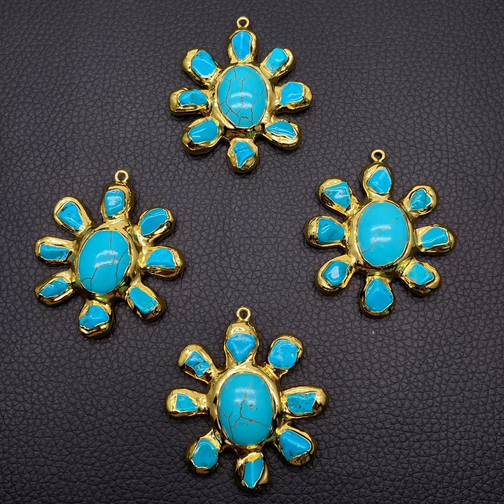 2 Pcs Blue Turquoise Stone Charm Gold Plated Irregular Gemstone Sun Shape Pendant For Necklace Jewelry Making