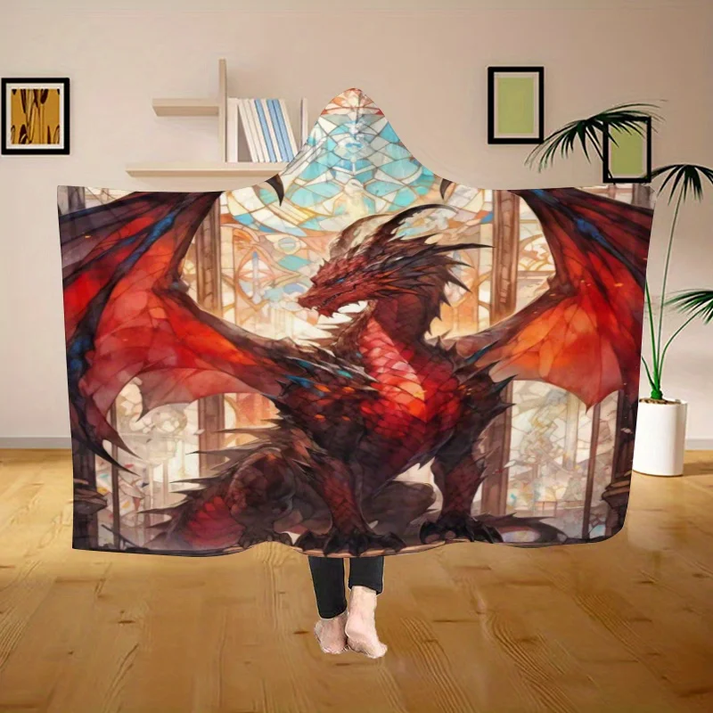 1pc Fire Dragon Hooded Blanket Vibrant Stained Glass Design, Cozy Flannel Throw for Boys, Men Boyfriends, Lightweight