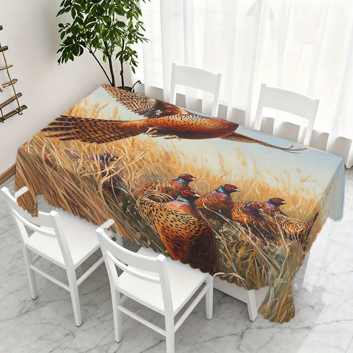 Wild Pheasant Grassland Hunting Scene Waterproof Tablecloth, Rectangular Cover Home Dining Wildlife Outdoor Themed Party Decor