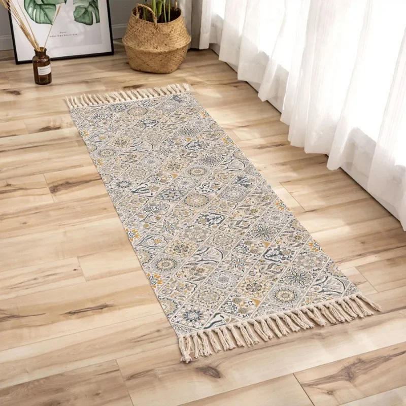 New Cotton and Hemp Carpet Bedside Carpet Living Room Floor Mat Fabric Weaving Machine Washable Floor Mat Foot Mat